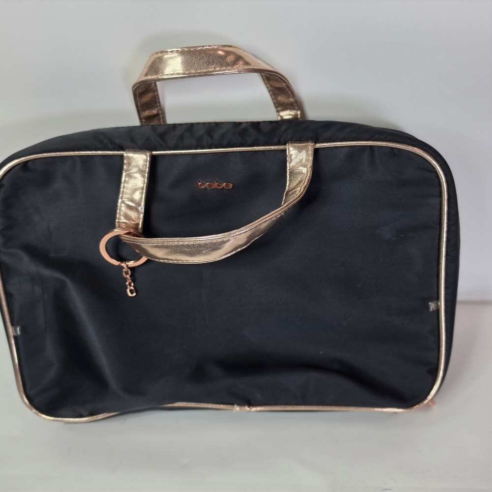 Bebe Black Nylon Laptop Sleeve Document Case Rose Gold Trim Handled Bag NO STRAP